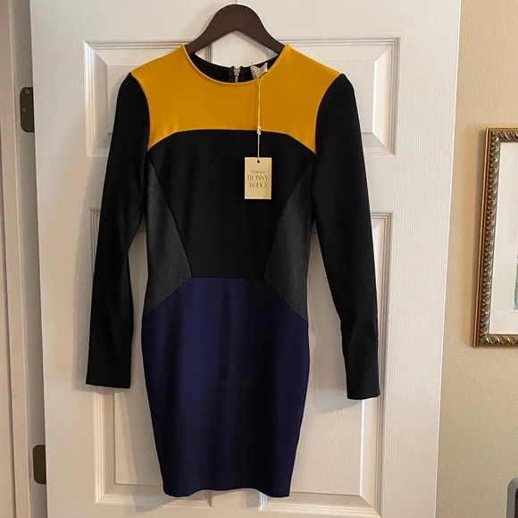 Torn by Ronny Kobo
Ivy Colorblock Long Sleeve Mini Dress - Mustard, Black, Blue - Picture 1 of 5